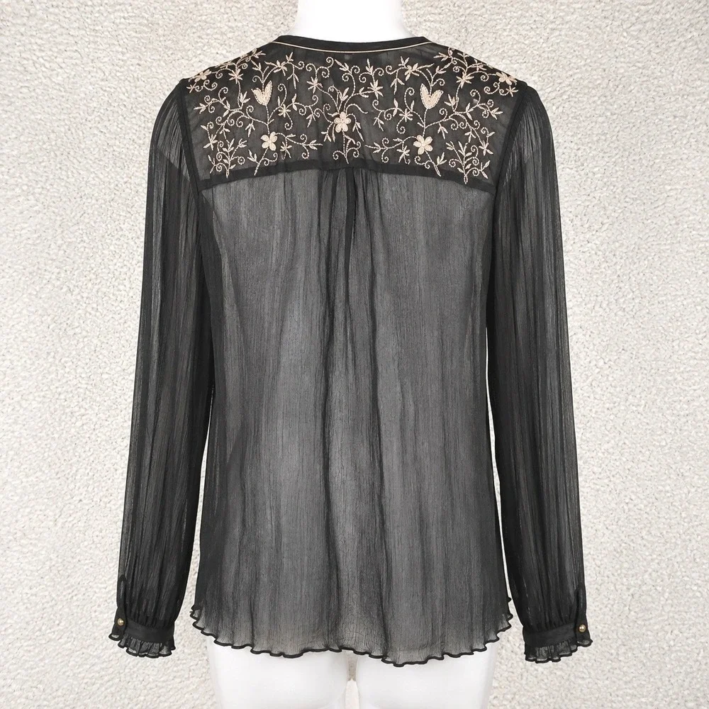 Free People Piped Dreams Blouse Women's S Black Sheer Embroidered Boho Gothic